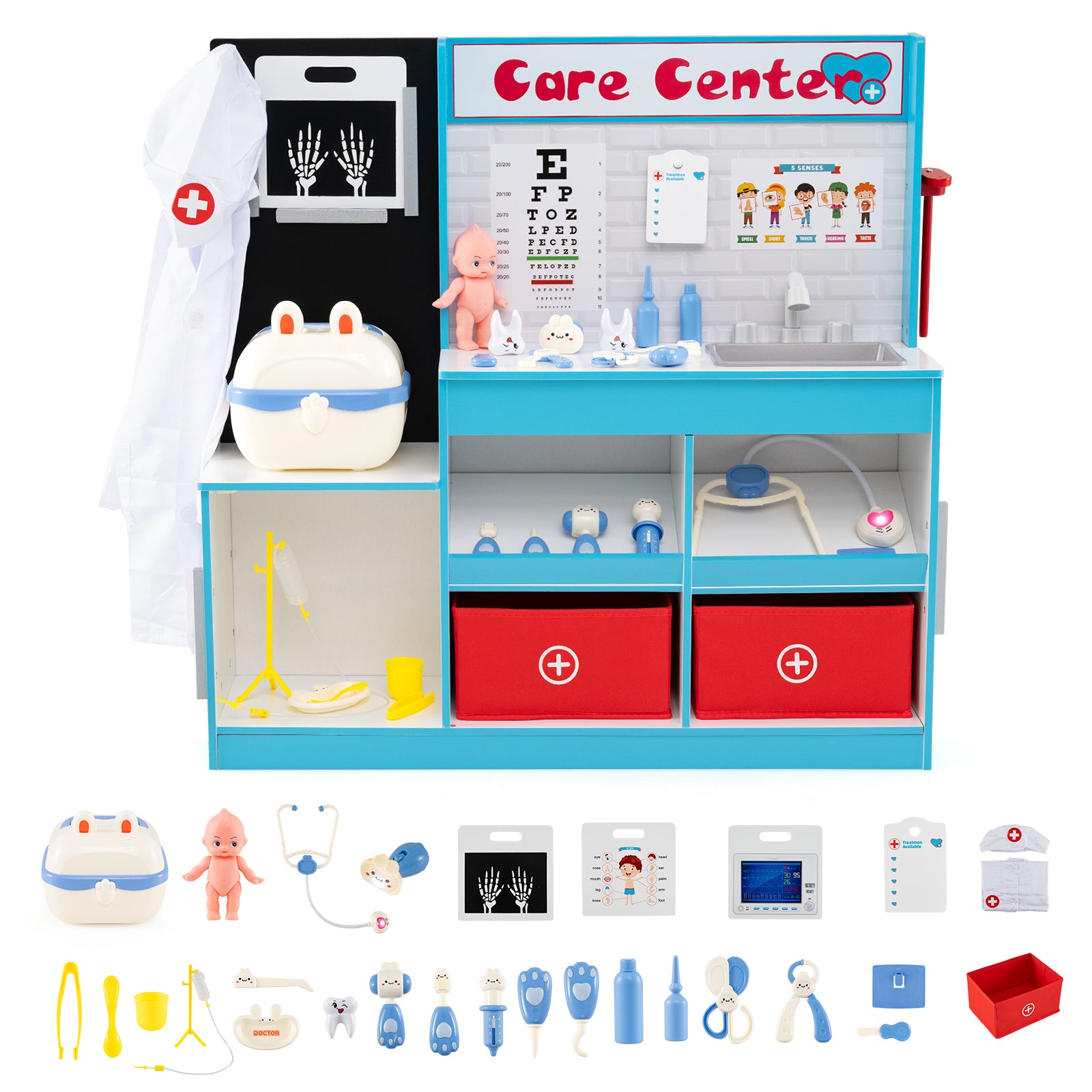 Wood Medical Center Toy Set with Examine Region and Height Measurer-Blue