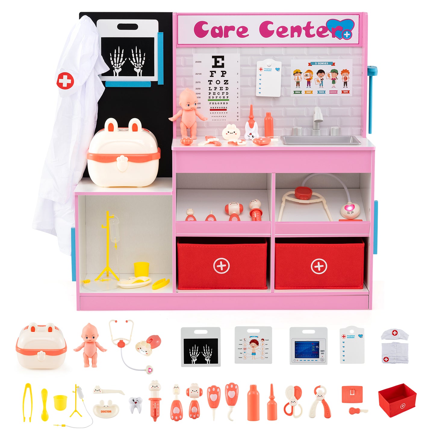 Wood Medical Center Toy Set with Examine Region and Height Measurer-Pink