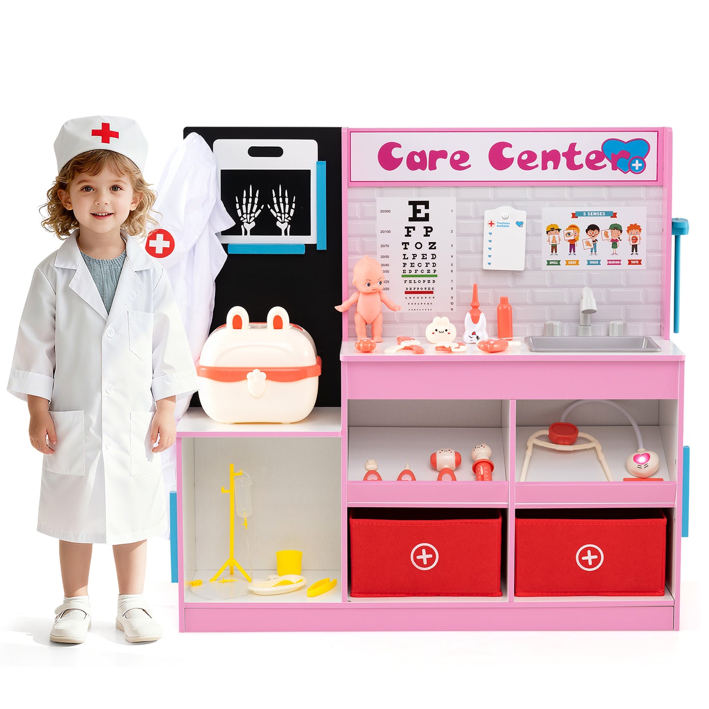Wood Medical Center Toy Set with Examine Region and Height Measurer-Pink