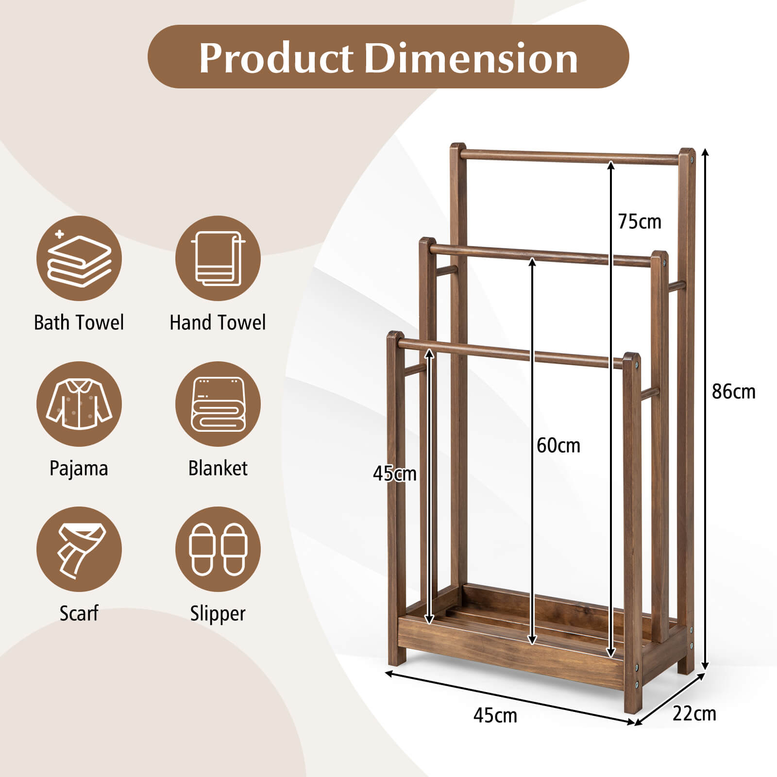 Freestanding Wood Towel Rack with 3 Individual Bars and Bottom Storage Shelf-Rustic Brown