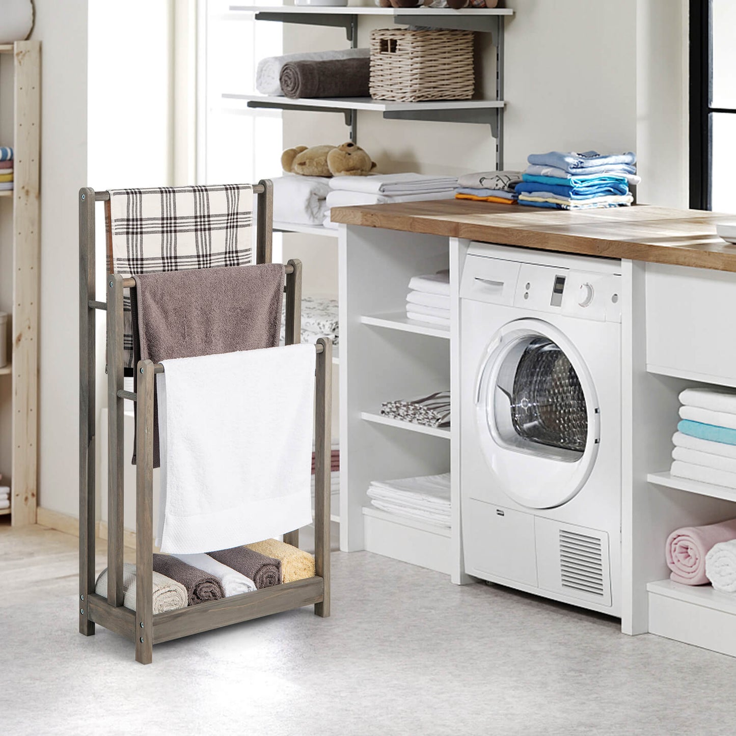 Freestanding Wood Towel Rack with 3 Individual Bars and Bottom Storage Shelf-Grey