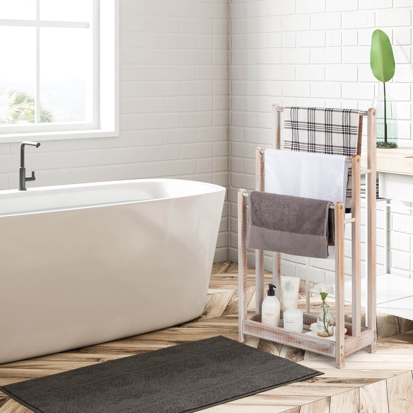 Freestanding Wood Towel Rack with 3 Individual Bars and Bottom Storage Shelf-White