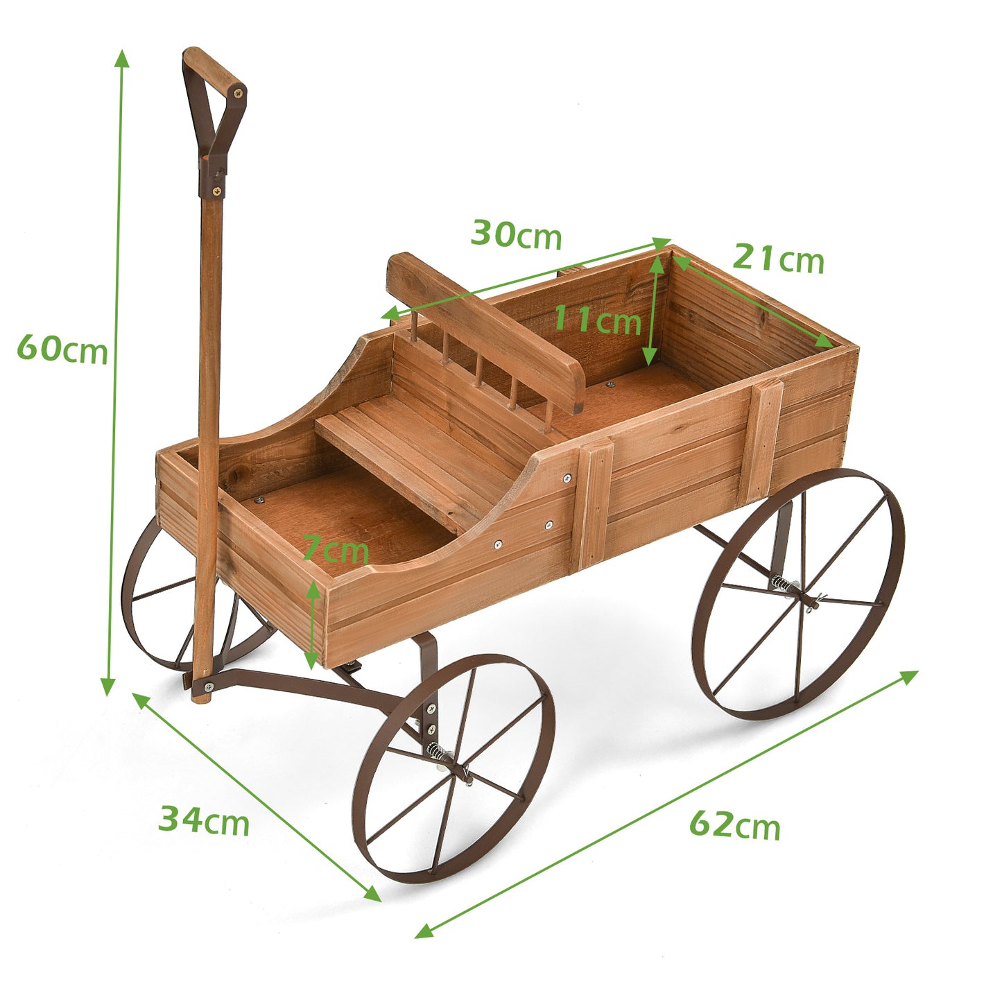 Wood Wagon Flower Planter with Wheels and 2 Planting Sections-Brown