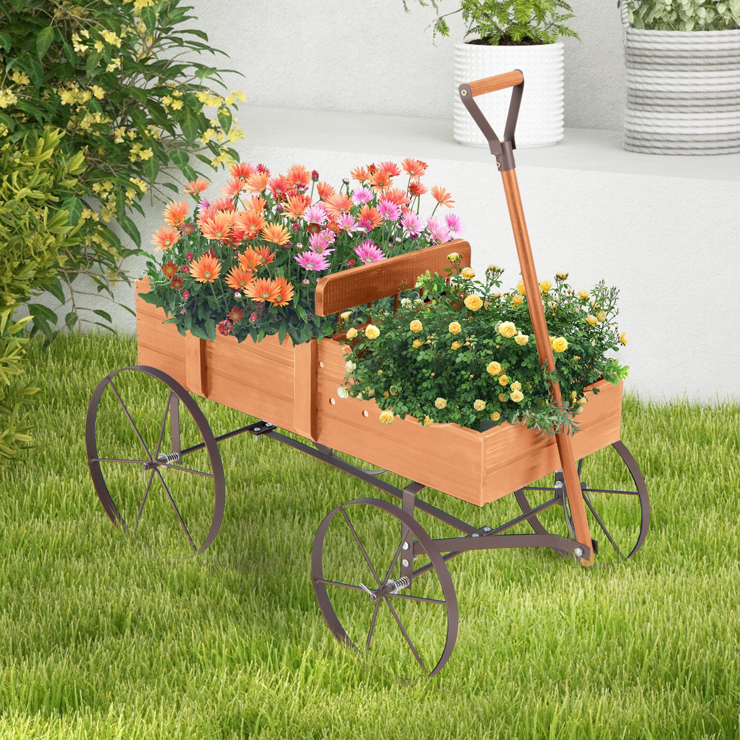 Wood Wagon Flower Planter with Wheels and 2 Planting Sections-Orange