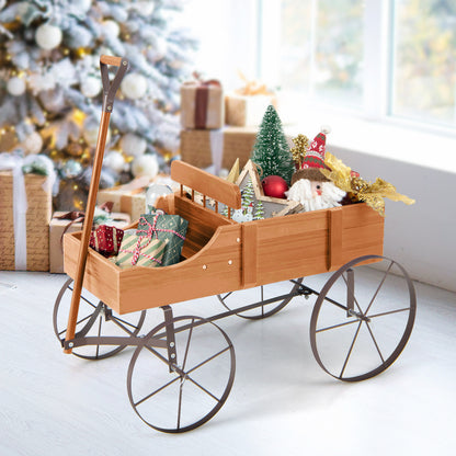 Wood Wagon Flower Planter with Wheels and 2 Planting Sections-Orange