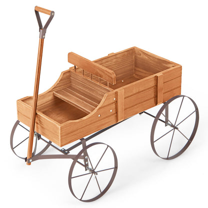 Wood Wagon Flower Planter with Wheels and 2 Planting Sections-Orange