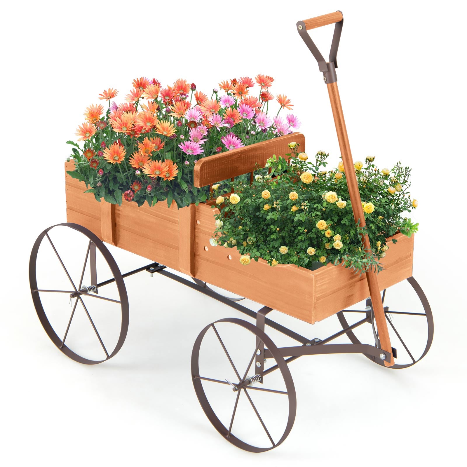 Wood Wagon Flower Planter with Wheels and 2 Planting Sections-Orange