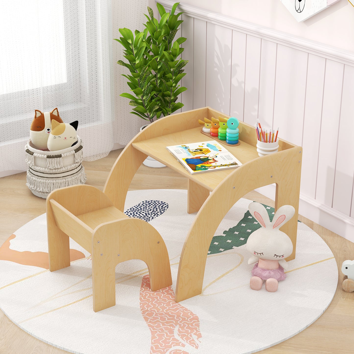 Wooded Toddler Kids Desk and Chair Set with Proper Height-Natural