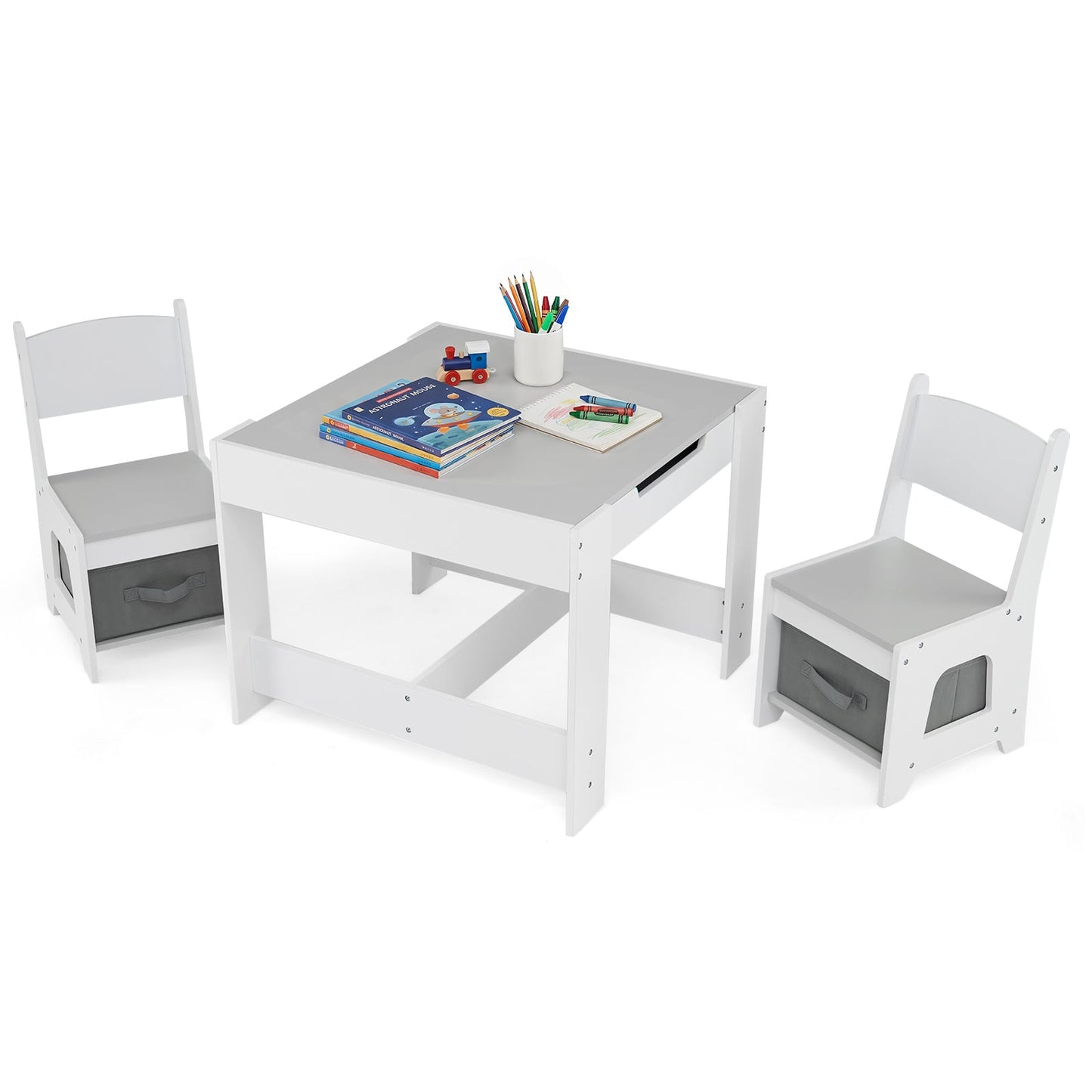 Wooden Activity Table with 2 Seats and Detachable Dual-Sided Tabletop-Grey