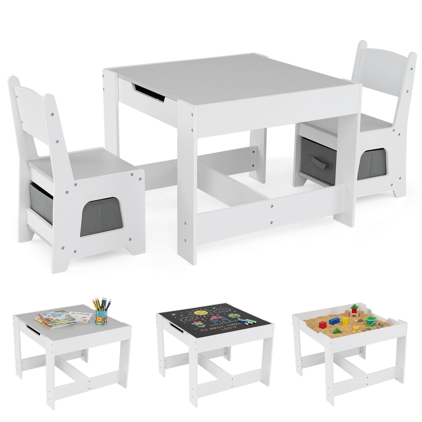 Wooden Activity Table with 2 Seats and Detachable Dual-Sided Tabletop-Grey