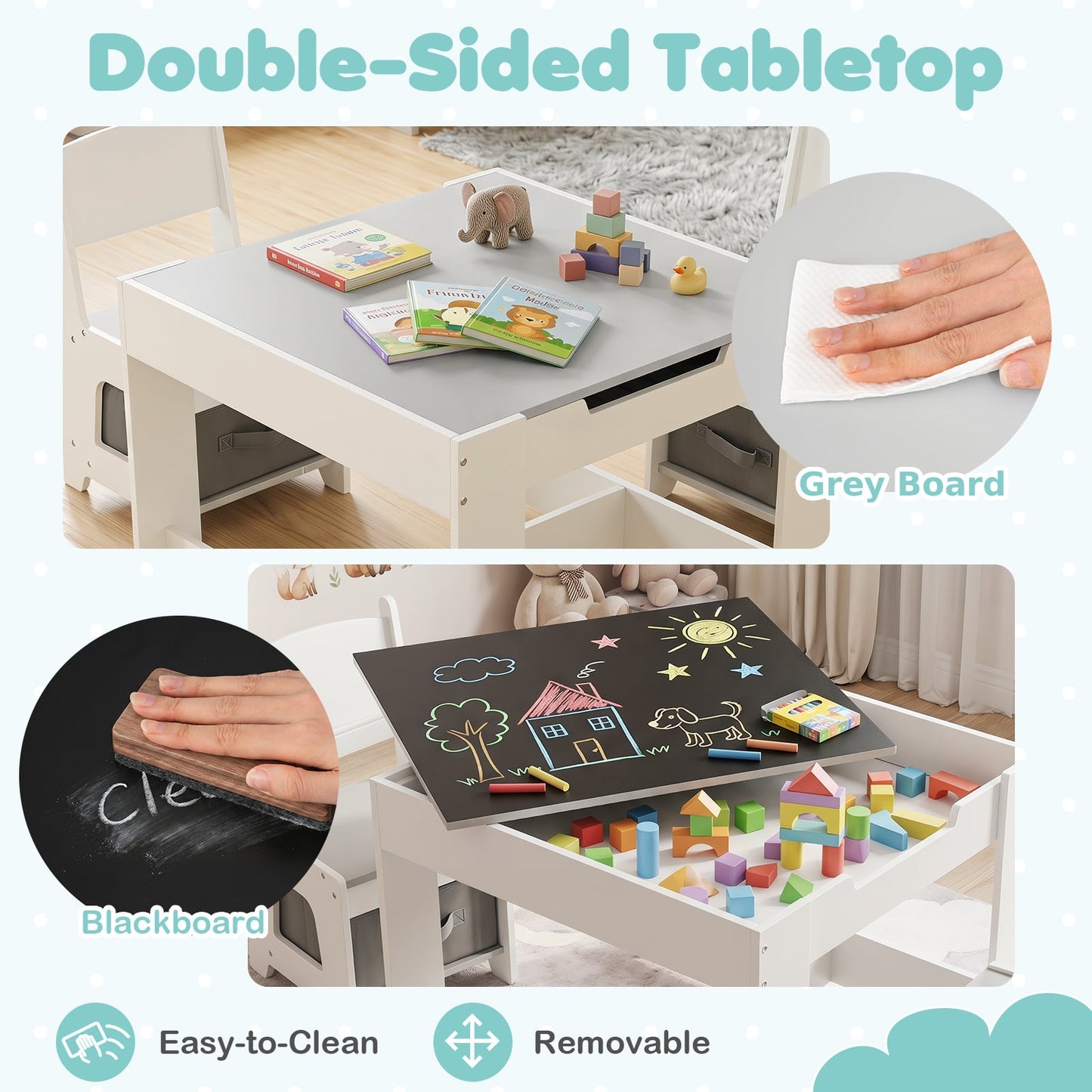 Wooden Activity Table with 2 Seats and Detachable Dual-Sided Tabletop-Grey