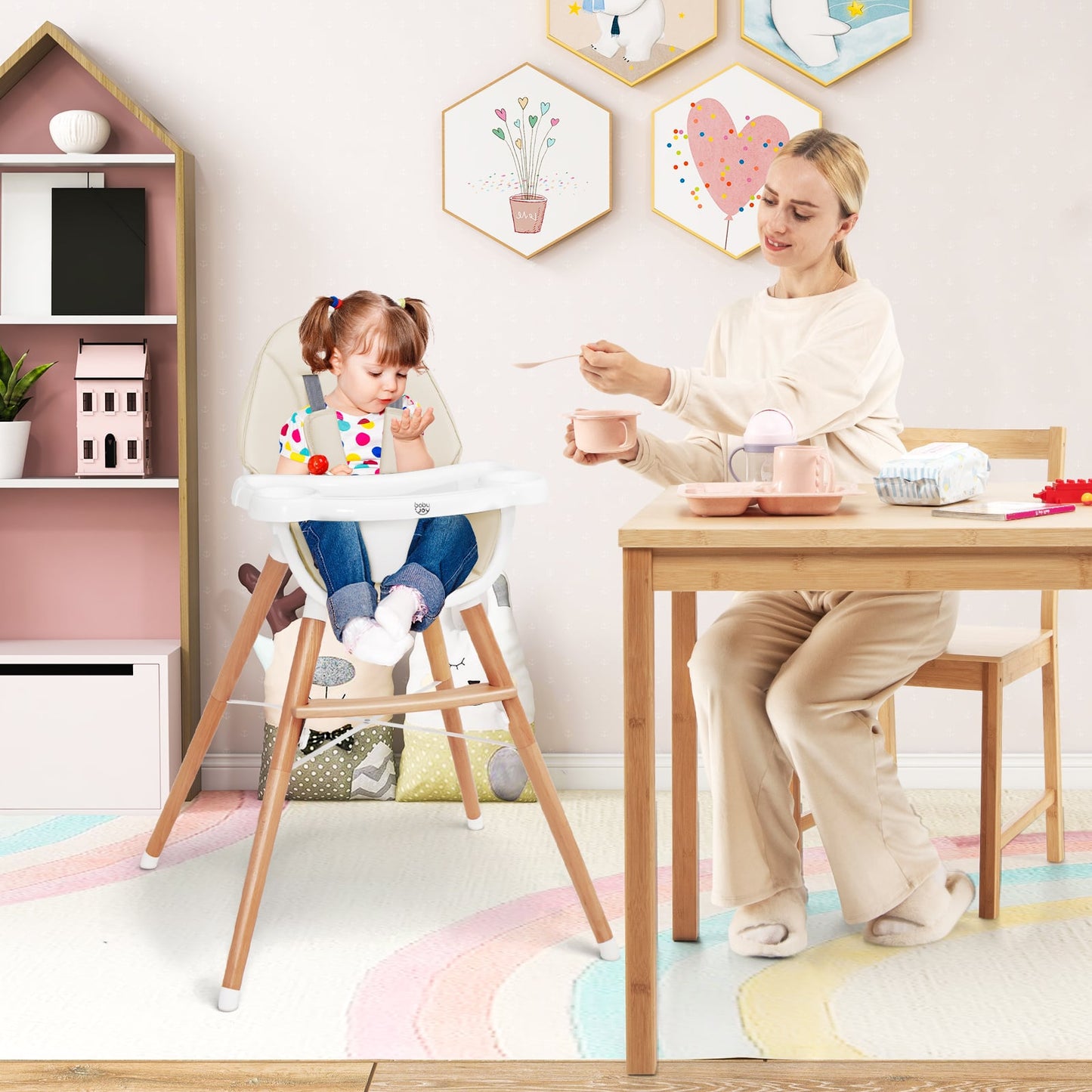 Wooden Baby Infant High chair Adjustable Double Tray with 5-Point Harness and Comfortable Footrest-Beige