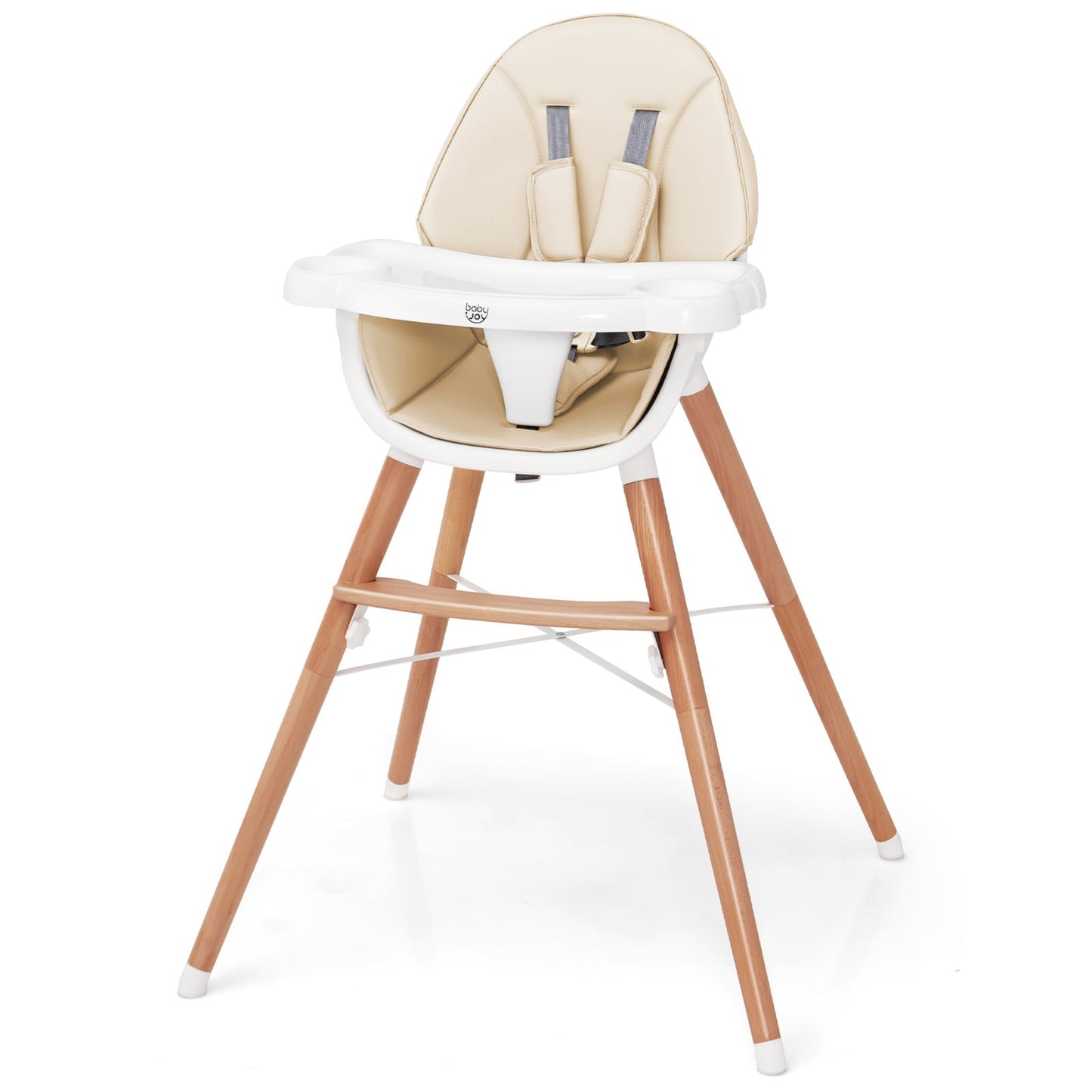 Wooden Baby Infant High chair Adjustable Double Tray with 5-Point Harness and Comfortable Footrest-Beige