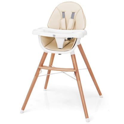 Wooden Baby Infant High chair Adjustable Double Tray with 5-Point Harness and Comfortable Footrest-Beige