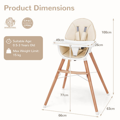 Wooden Baby Infant High chair Adjustable Double Tray with 5-Point Harness and Comfortable Footrest-Beige