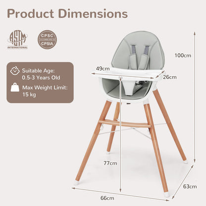 Wooden Baby Infant High chair Adjustable Double Tray with 5-Point Harness and Comfortable Footrest-Grey