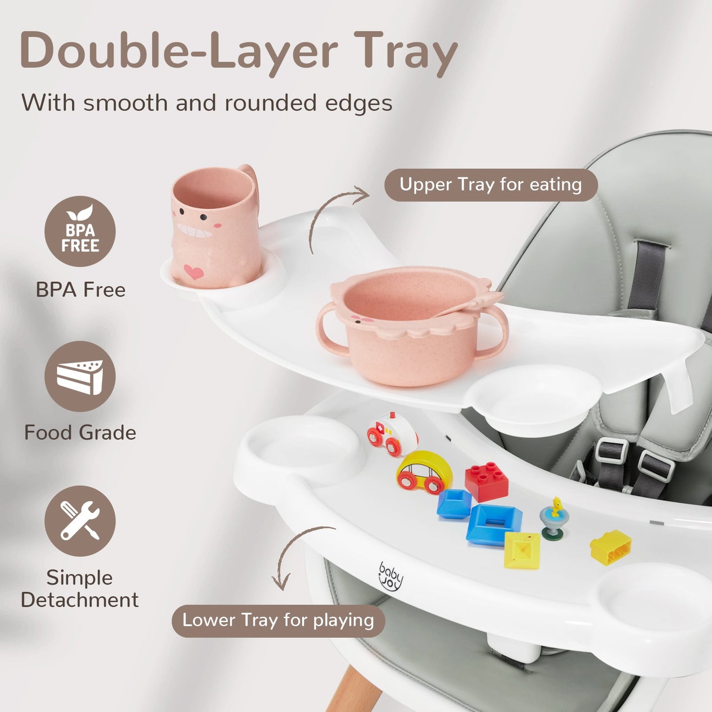 Wooden Baby Infant High chair Adjustable Double Tray with 5-Point Harness and Comfortable Footrest-Grey