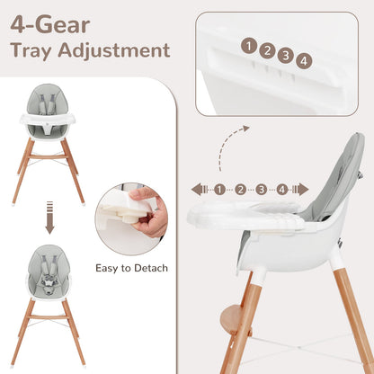 Wooden Baby Infant High chair Adjustable Double Tray with 5-Point Harness and Comfortable Footrest-Grey