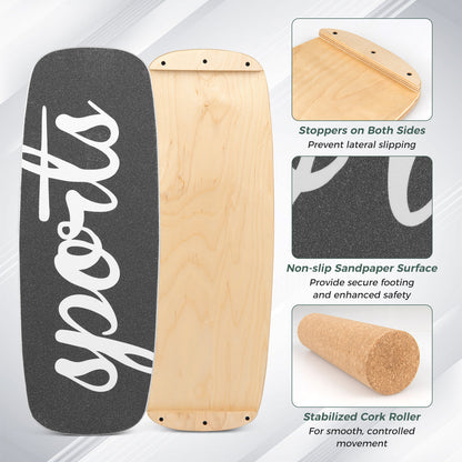 Wooden Balance Board Trainer with Cork Roller Stoppers Felt Mat-Black