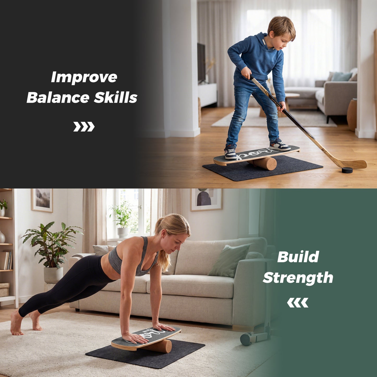 Wooden Balance Board Trainer with Cork Roller Stoppers Felt Mat-Black