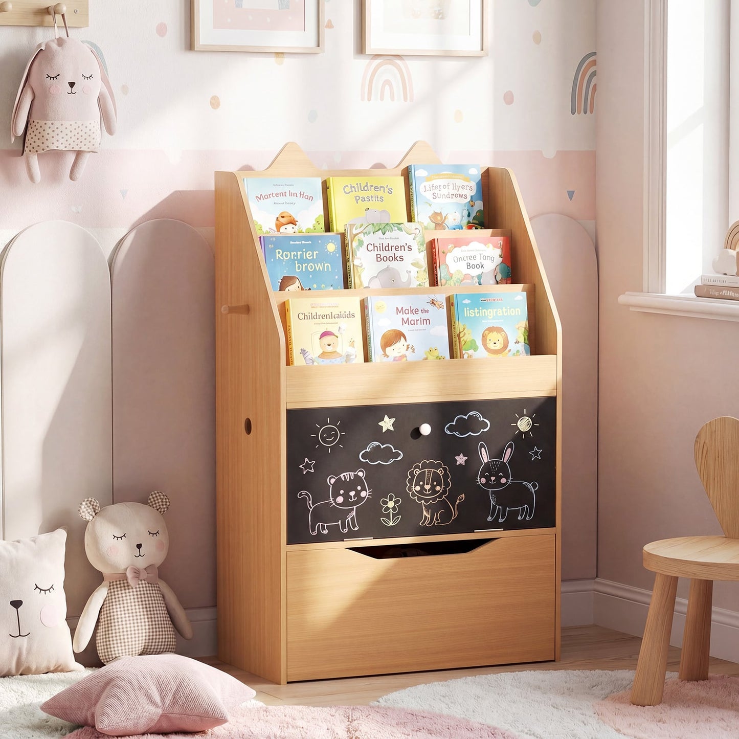 Wooden Kids Bookshelf with Movable Drawer & Chalkboard for Playroom Nursery-Natural