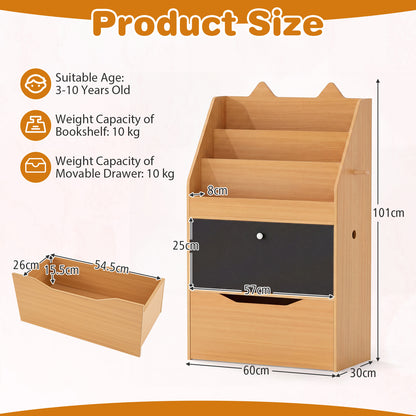 Wooden Kids Bookshelf with Movable Drawer & Chalkboard for Playroom Nursery-Natural