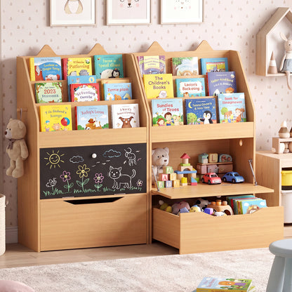 Wooden Kids Bookshelf with Movable Drawer & Chalkboard for Playroom Nursery-Natural