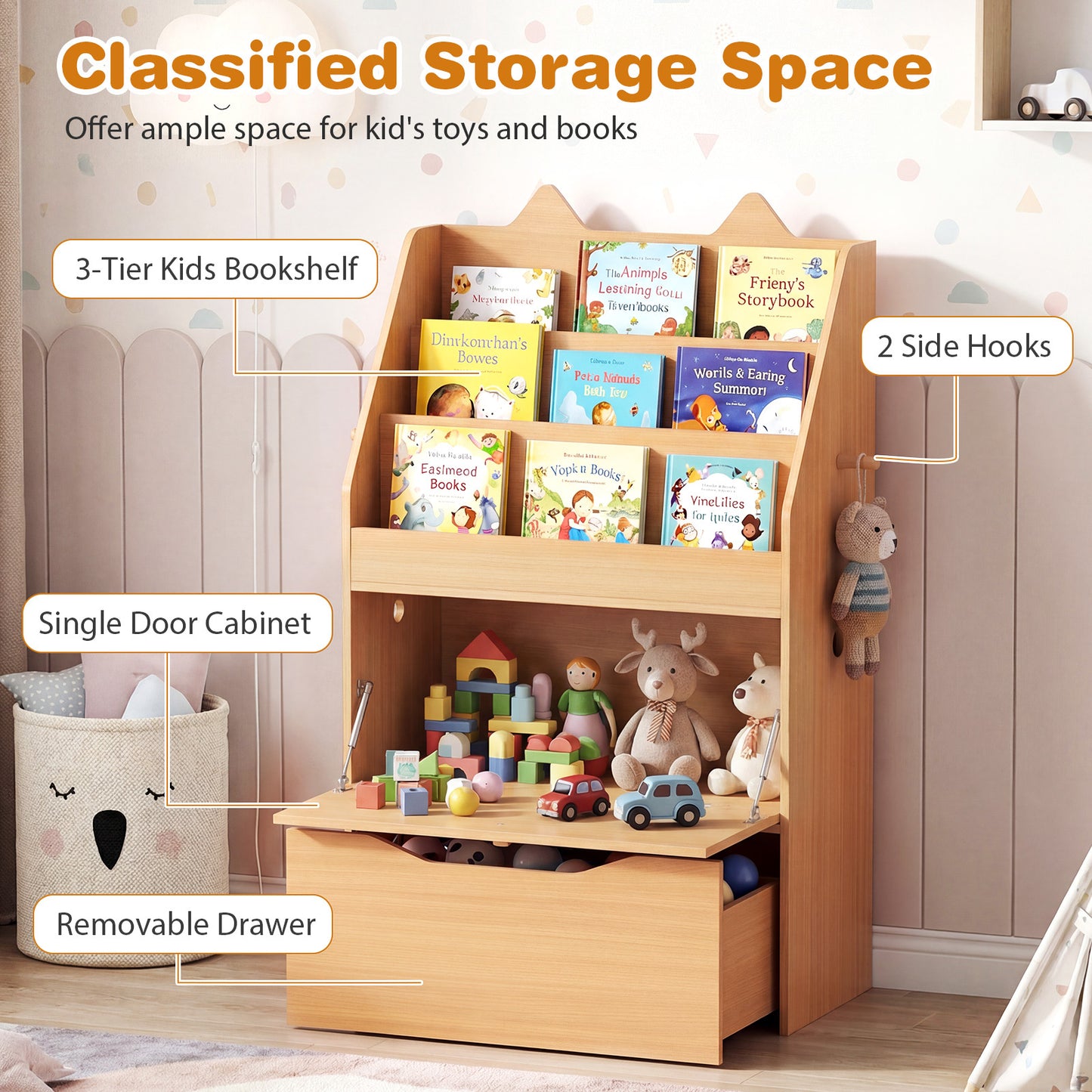 Wooden Kids Bookshelf with Movable Drawer & Chalkboard for Playroom Nursery-Natural