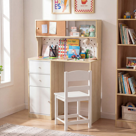 Wooden Kids Study Desk and Chair Set with 2 Cabinets and Drawers-Natural