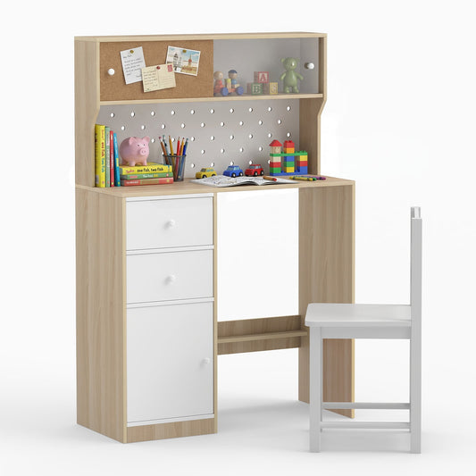 Wooden Kids Study Desk and Chair Set with 2 Cabinets and Drawers-Natural