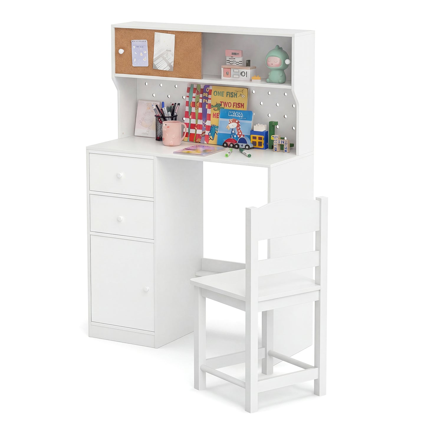 Wooden Kids Study Desk and Chair Set with 2 Cabinets and Drawers-White