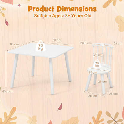 Wooden Kids Table and 2 Chairs Set with Curved Spindle Backrests-White