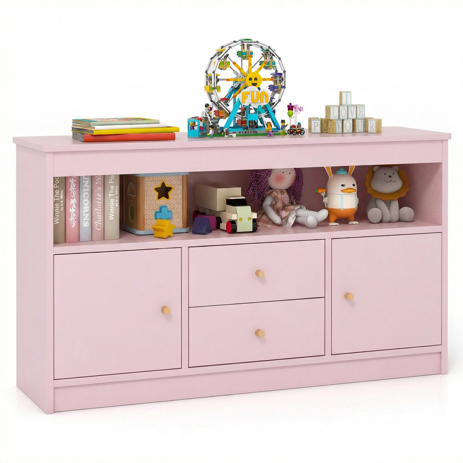 Wooden Kids Toy Children Bookshelf Storage Chest with Open Shelf-Pink