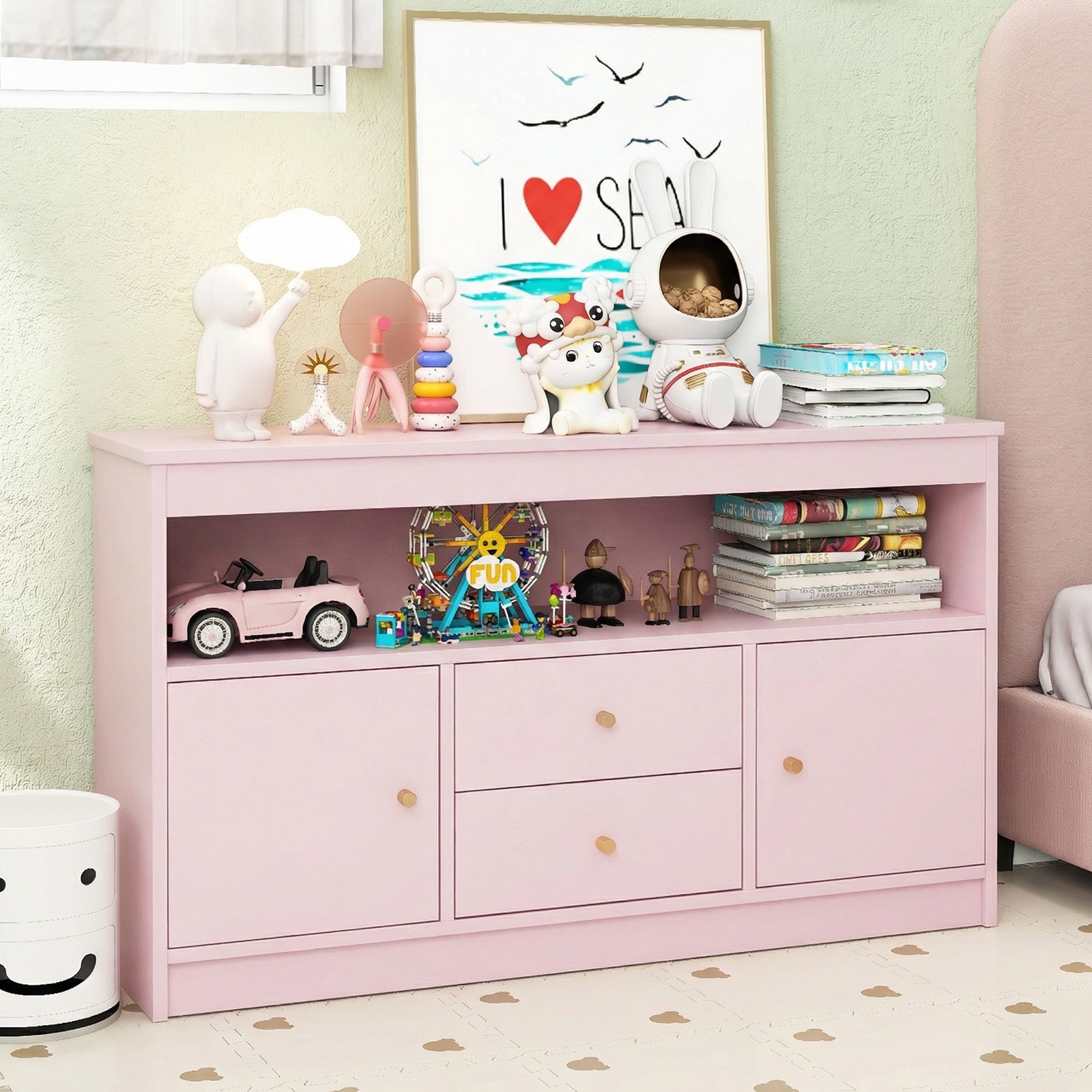 Wooden Kids Toy Children Bookshelf Storage Chest with Open Shelf-Pink