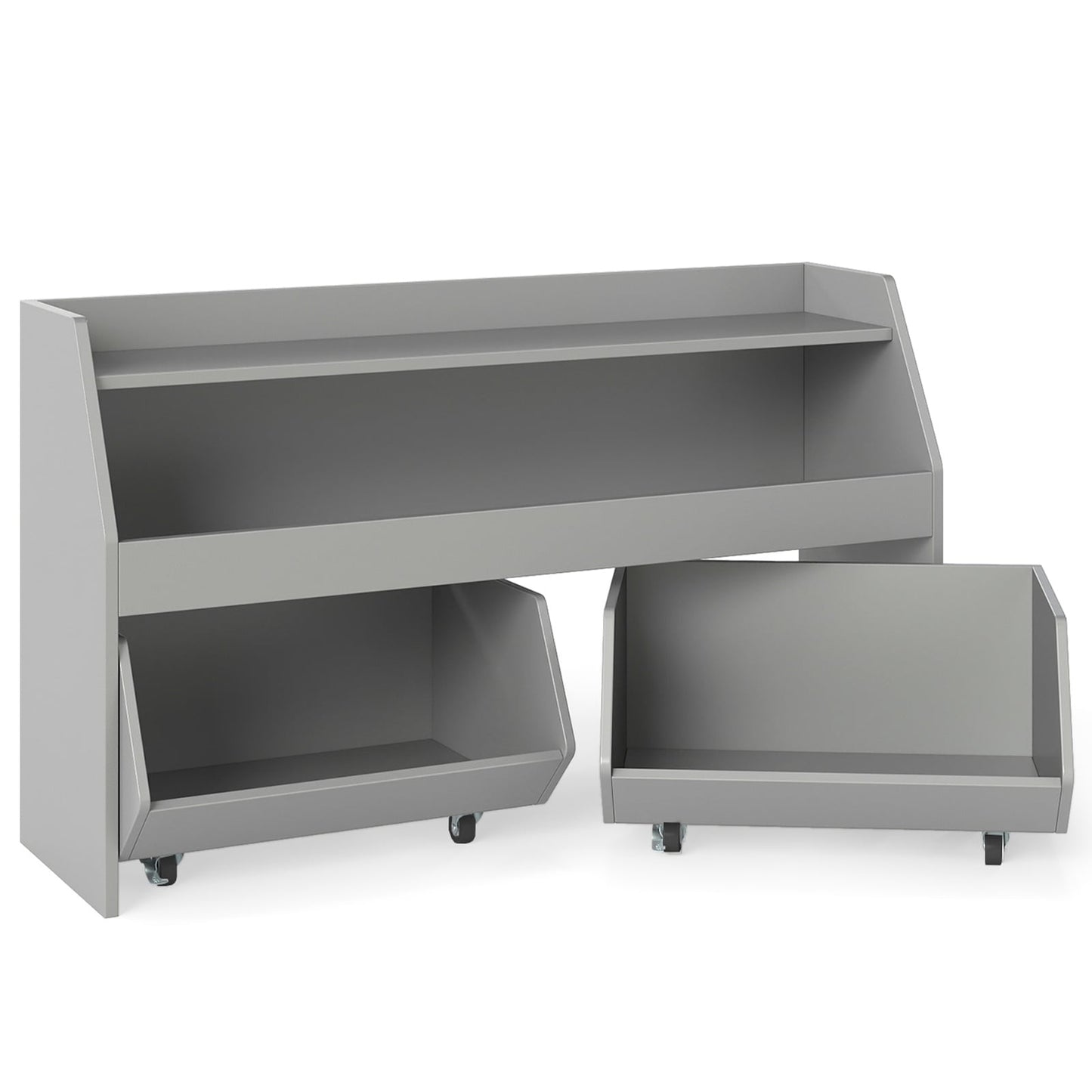 Wooden Kids Toy Storage Box with 2 Movable Drawers and Anti-toppling Kit-Grey