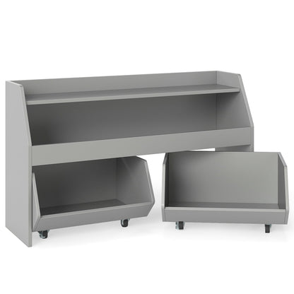 Wooden Kids Toy Storage Box with 2 Movable Drawers and Anti-toppling Kit-Grey