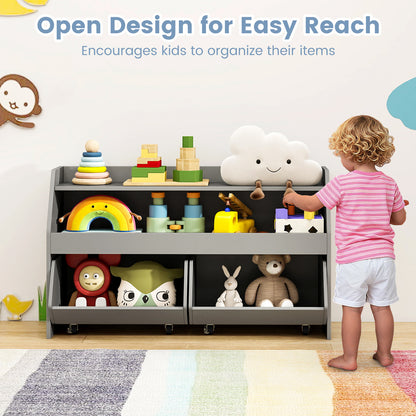 Wooden Kids Toy Storage Box with 2 Movable Drawers and Anti-toppling Kit-Grey