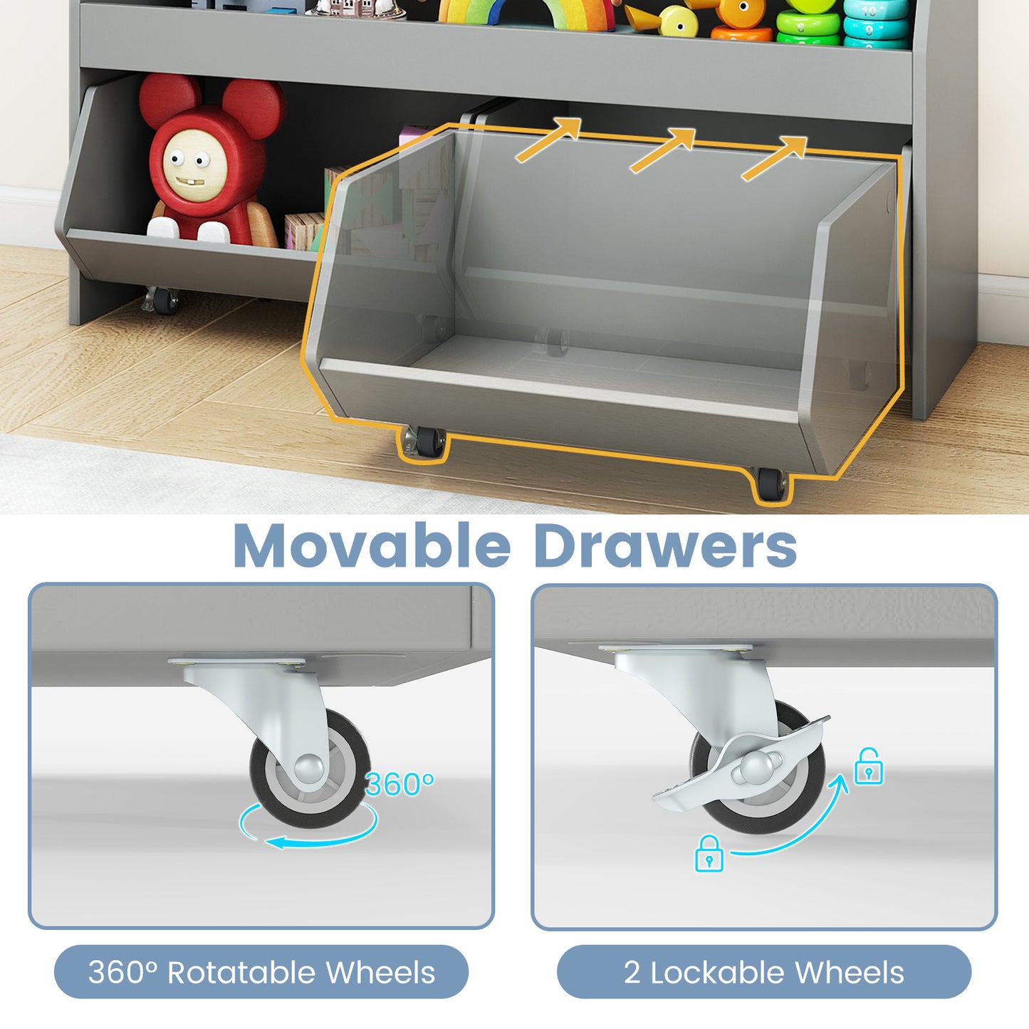 Wooden Kids Toy Storage Box with 2 Movable Drawers and Anti-toppling Kit-Grey