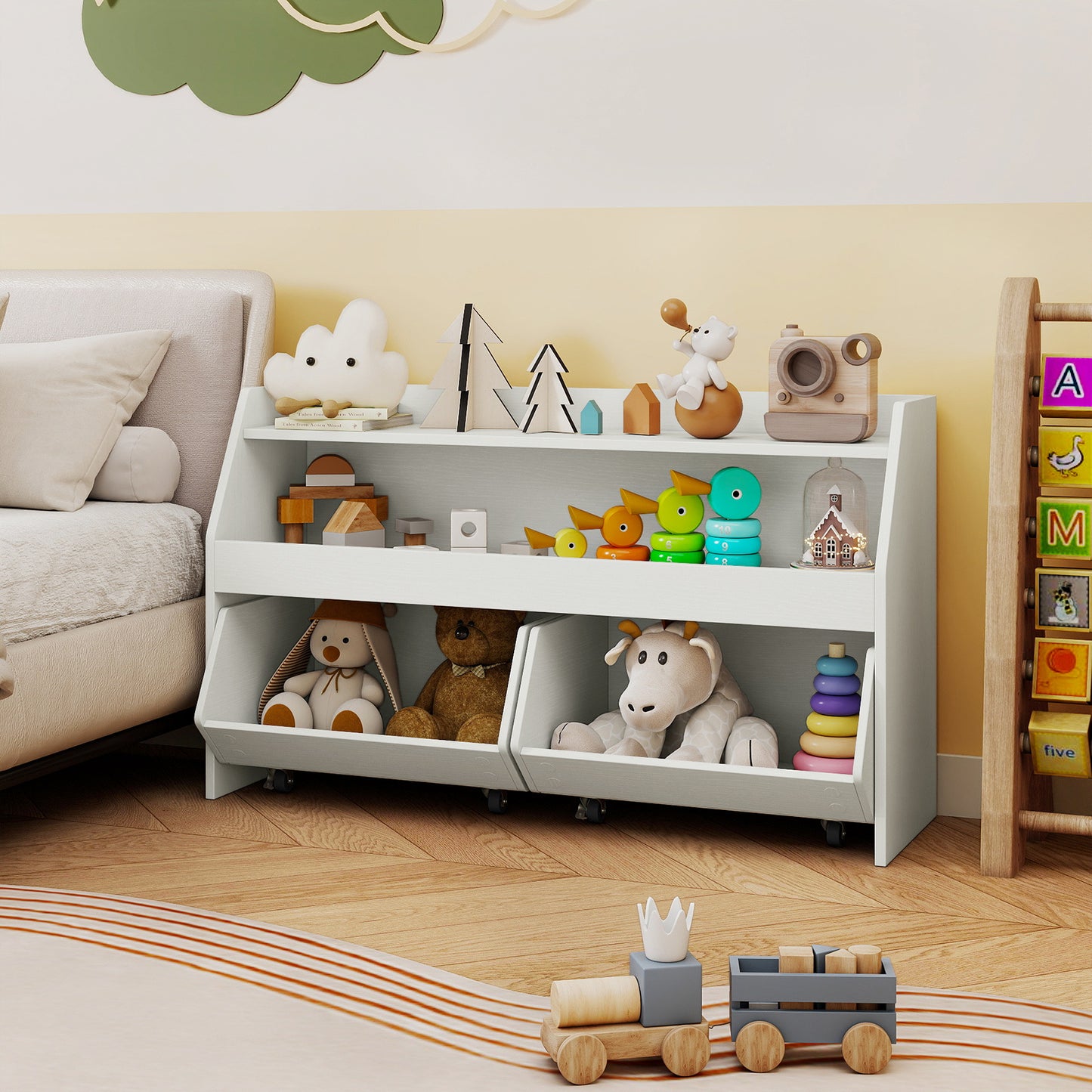 Wooden Kids Toy Storage Box with 2 Movable Drawers and Anti-toppling Kit-White