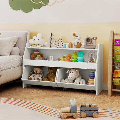 Wooden Kids Toy Storage Box with 2 Movable Drawers and Anti-toppling Kit-White