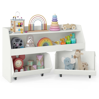 Wooden Kids Toy Storage Box with 2 Movable Drawers and Anti-toppling Kit-White