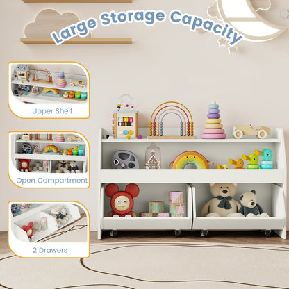 Wooden Kids Toy Storage Box with 2 Movable Drawers and Anti-toppling Kit-White