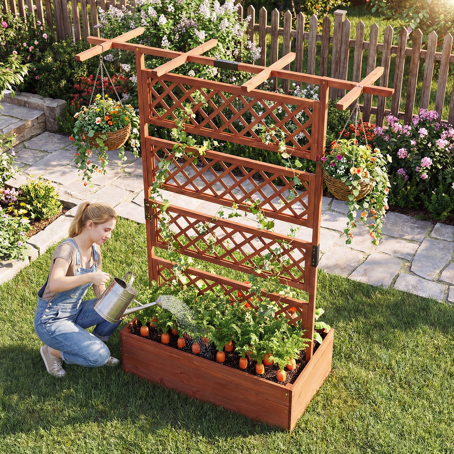 Wooden Planter Box Raised Garden Bed with Lattice Trellis-Brown