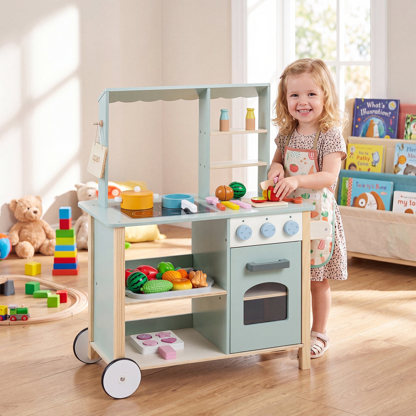 Wooden Play Kitchen with Cookware Accessories for Children 3+