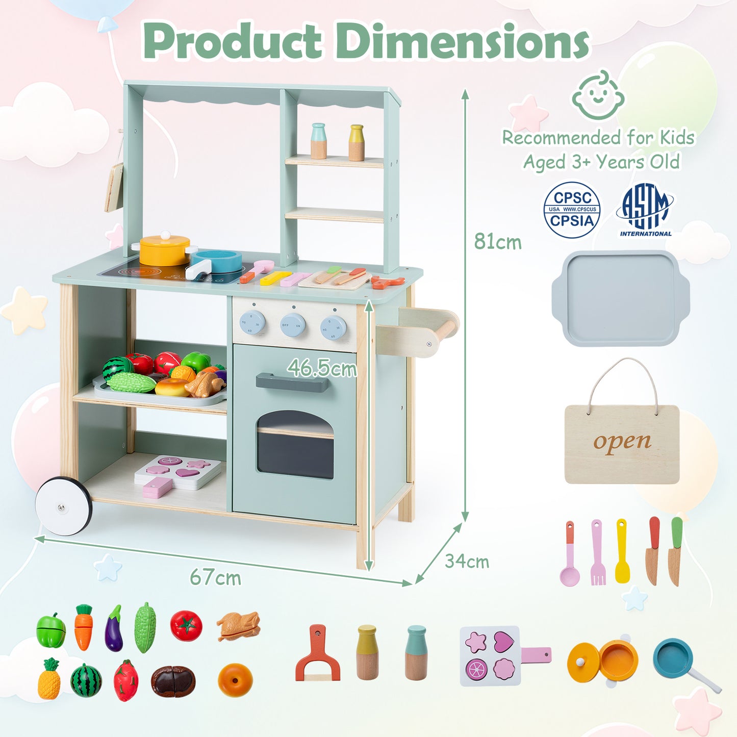 Wooden Play Kitchen with Cookware Accessories for Children 3+