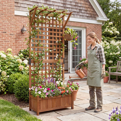 Wooden Raised Garden Bed with Hanging Roof and Trellis for Climbing Plants-Brown