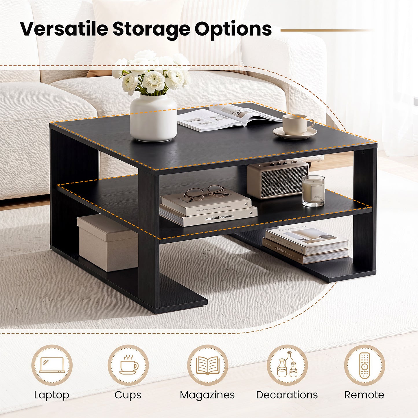 Wooden Square Coffee Table with Storage and Open Shelf for Living Room-Black