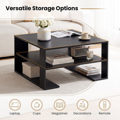 Wooden Square Coffee Table with Storage and Open Shelf for Living Room-Black