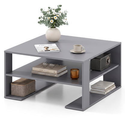 Wooden Square Coffee Table with Storage and Open Shelf for Living Room-Grey