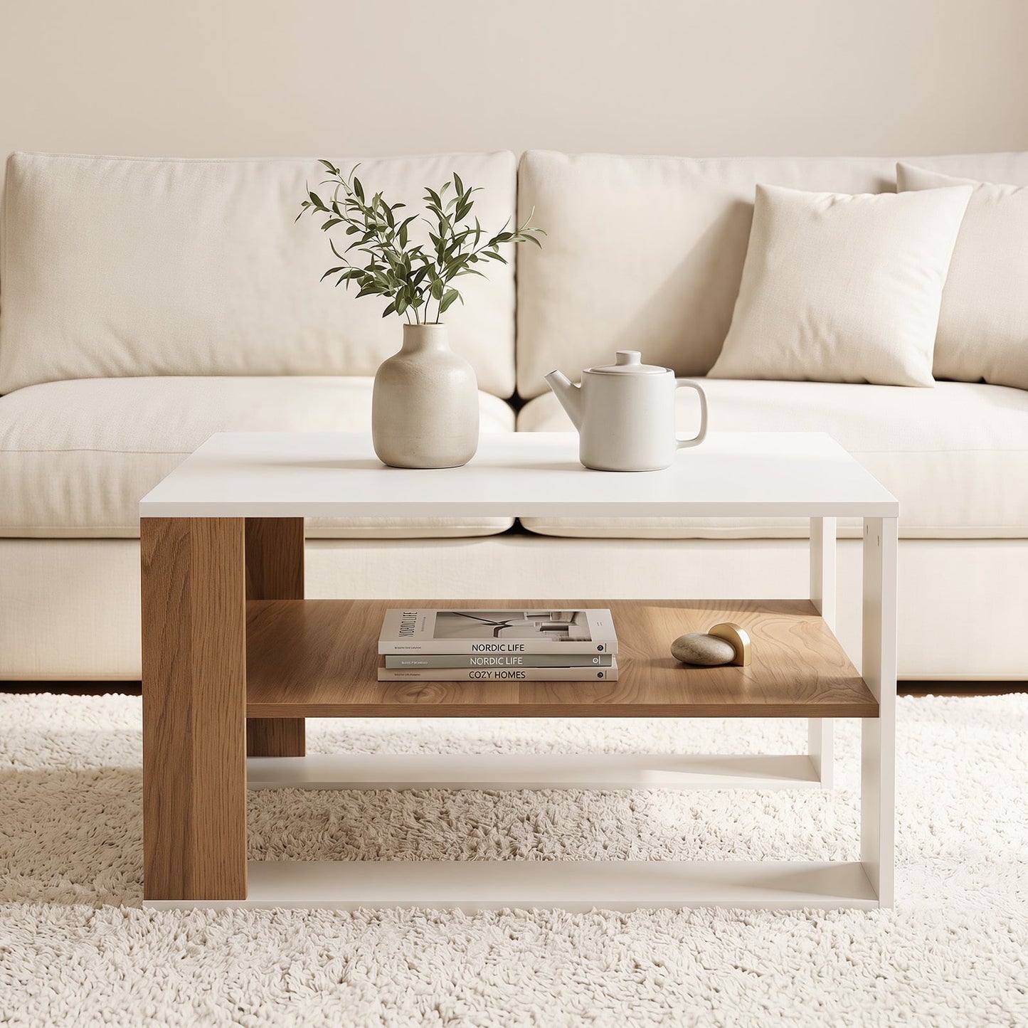 Wooden Square Coffee Table with Storage and Open Shelf for Living Room-White